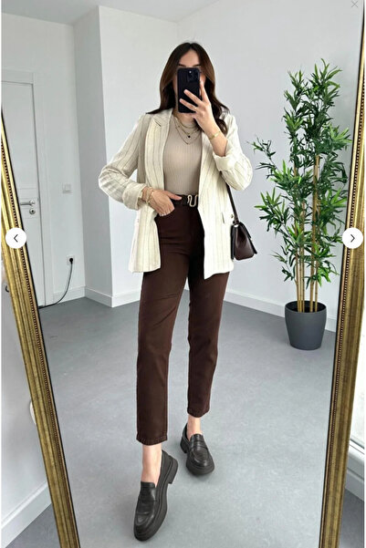 TugsatTasarTekstil Women's High Waist Brown Mom Jeans Boyfriend Lycra Premium...