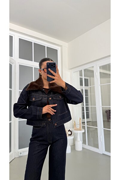 GAUS CO Lacivert Kürk Yakalı Ceket Pantolon Premium Denim Takım GAUS-01903