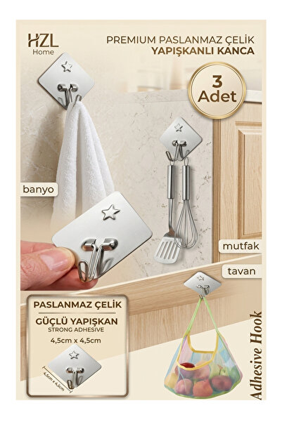 HZL HOME 3 Adet Paslanmaz Çelik Kendinden Yapışkanlı Yıldız Figürlü Banyo Mut...