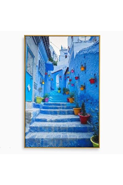 Luxcanva Tablou Canvas Orasul Albastru 100x150 cm cu Rama Auriu Orasul Albast...