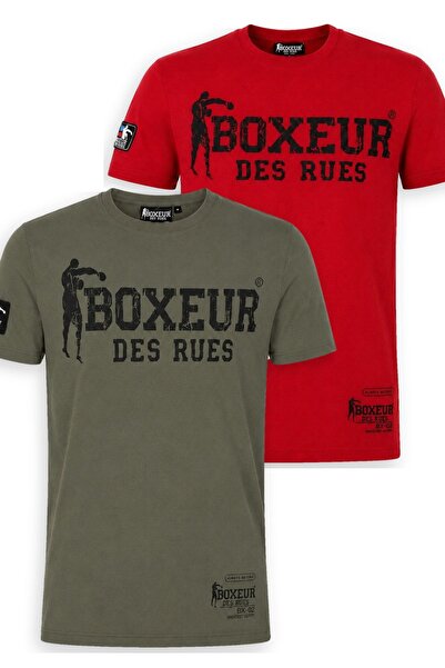 Boxeur Des Rues Men's T-Shirt 2-Pack Slim-Fit: Olive with Black Logo + Red wi...