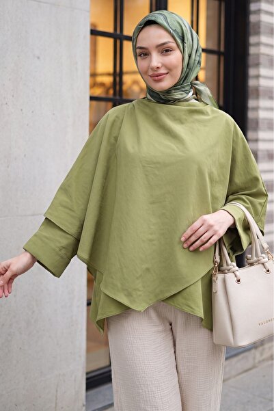 Modamorfo Buttoned Shoulder Bat Sleeve Modal Kimono Poncho -Khaki