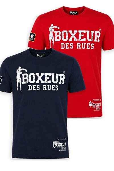 Boxeur Des Rues Tricou bărbătesc, pachet de 2, croială slim-fit: Bleumarin cu logo alb + Roșu cu logo alb