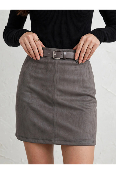 MAİMODA KADIN KEMERLİ SÜET MİNİ DÜZ DAR ETEK / WOMEN'S SUEDE BELTED MINI STRA...