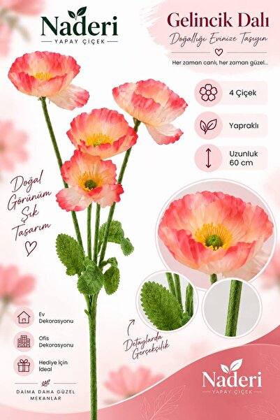 Naderi Çiçeği Naderi Çiçek 4’lü Yapay Gelincik Dalı Kırmızı 60 cm Yapraklı De...