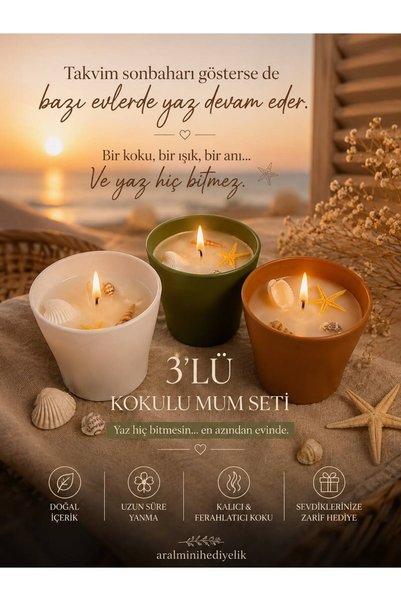 aralmini 3’Lü Okyanus Kokulu Mum Seti Yaz hiç bitmesin…