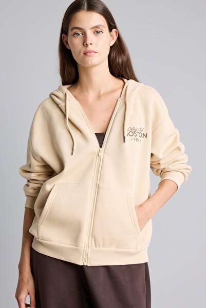 DeFacto Oversize Kapüşonlu Fermuarlı Baskılı Sweatshirt Hırka I0812AX26AU