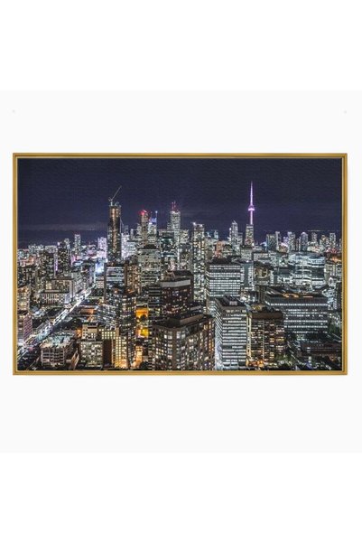 Luxcanva Tablou Canvas Orasul in Mii de Ferestre 70x50 cm cu Rama Auriu Orasu...