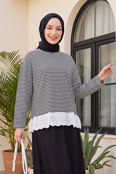 Modamorfo Scalloped Skirt, Crew Neck, Striped Combed Cotton Sweatshirt - Black