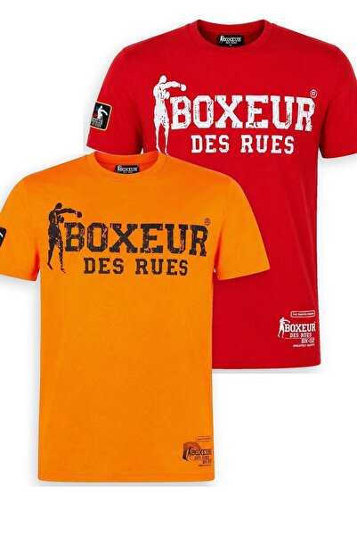 Boxeur Des Rues Tricou bărbătesc, pachet de 2, croială slim-fit: Portocaliu cu logo negru + Roșu cu logo alb