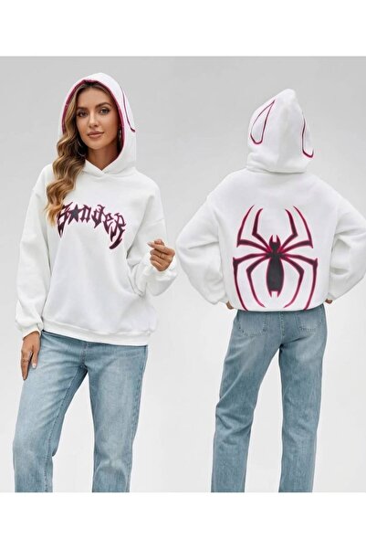 JANTIL MODA White Unisex Oversize 3 Thread Threaded Printed Hooded Sweatshirt...