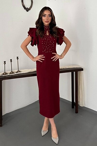 Elbee Fashion Woman Burgundy Sparkling Dress