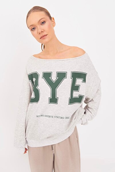 BSL Baskılı Kayık Yakalı Sweatshirt