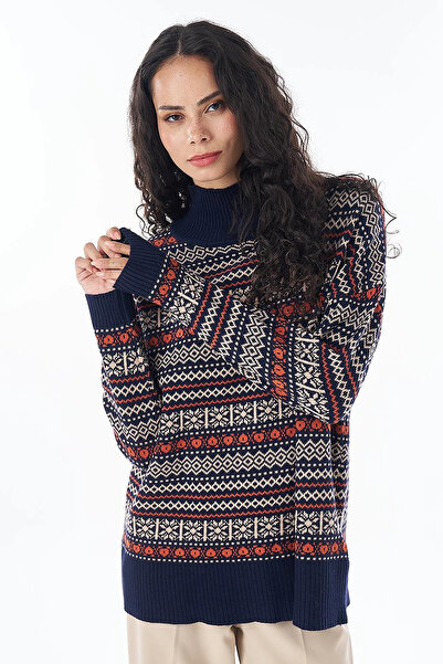 Kayra Geometric Pattern Half Turtleneck Knitwear Tunic Dark Navy Blue