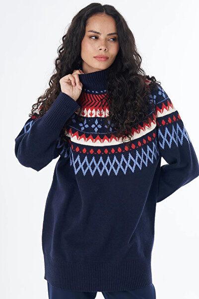 Kayra Mixed Pattern Knitwear Tunic Navy Blue