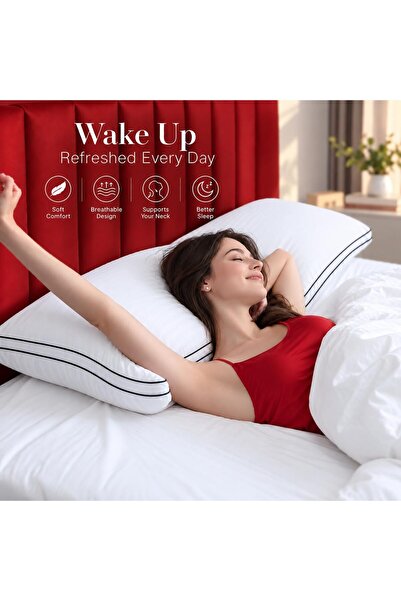 CAN Bed Pillow For Sleeping Pack of 2, Premium Soft & Fluffy Sleeping Pillows with Black Piping, Breathable Luxury Hotel Quality Bed Pillows for Side, Back & Stomach Sleepers (Queen)