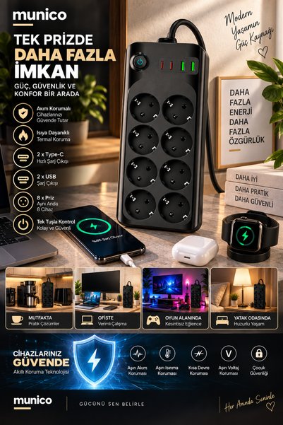 Munico 2 Adet 8 Prizli Çoklayıcı 2 Type-C 2 USB Şarj Çıkışlı Akım Korumalı Tek Tuş Kontrollü