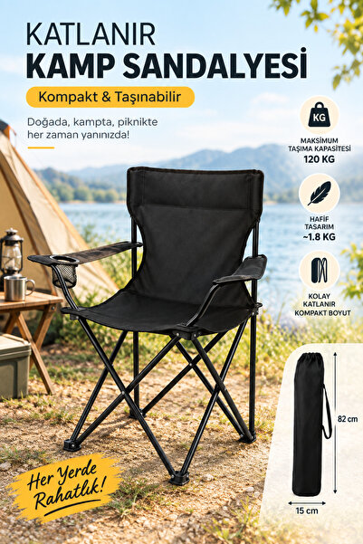 Allmart 1 Adet Katlanır Kamp Piknik Sandalyesi Bardaklıklı Siyah
