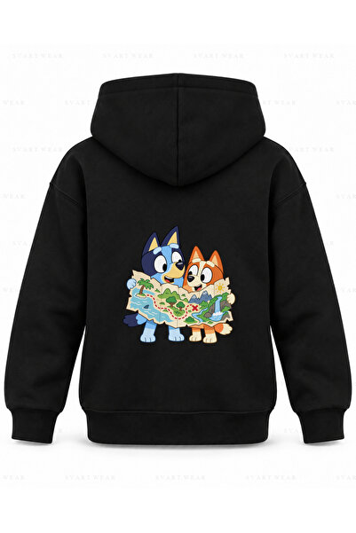 SVART WEAR Bluey Map Layered Printed Black Children's Hooded Sweatshirt