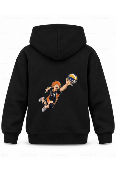 SVART WEAR سويت شيرت هايكيو هيناتا إيرست جامب بطبعة سوداء للأطفال بغطاء رأس