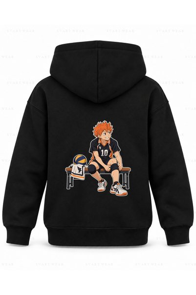 SVART WEAR Хайкю детски черен суичър с качулка с принт на наколенка