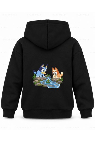 SVART WEAR Bluey Leaf Boat Printed Black Children's Hooded Sweatshirt