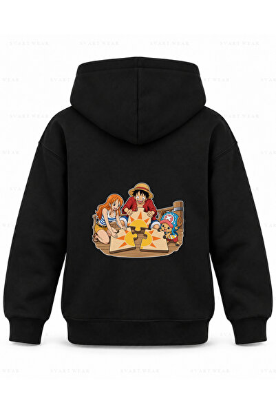 SVART WEAR سويت شيرت بقلنسوة للأطفال باللون الأسود مطبوع عليه One Piece Deck ...