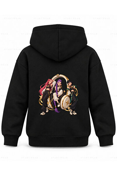 SVART WEAR HUNTR X سويت شيرت بقلنسوة للأطفال باللون الأسود مطبوع عليه حلقة سم...