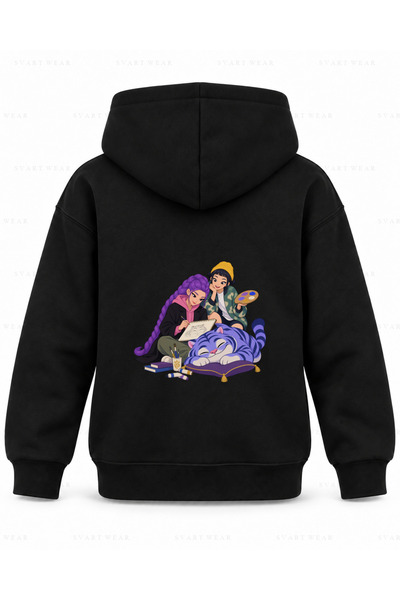 SVART WEAR Kpop Demon Hunters Tiger Drawing Printed Black Children's Hooded S...