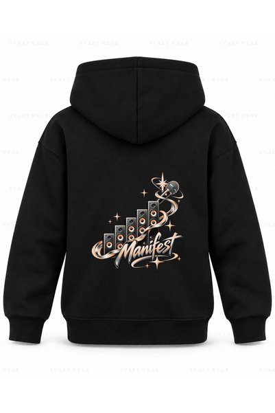 SVART WEAR سويت شيرت بقلنسوة للأطفال باللون الأسود مطبوع عليه مانيفست سيز مير...