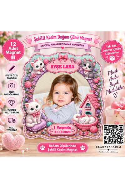 Elara Tasarım Kedi Temalı 12 Adet Fotoğraflı Kişiye özel Doğum Günü Magnet He...