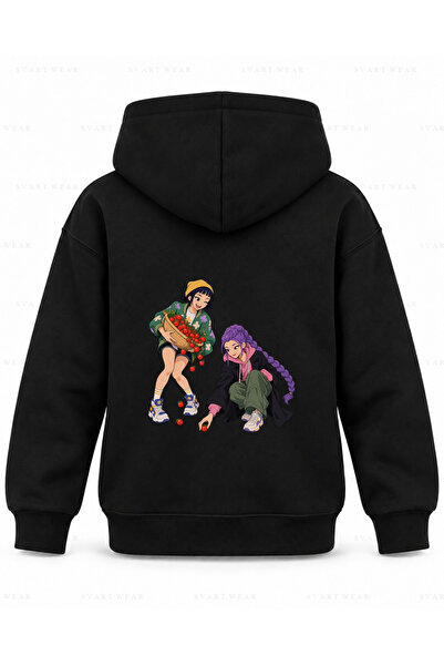 SVART WEAR Kpop Demon Hunters Tomato Basket Printed Black Kids Hooded Sweatshirt