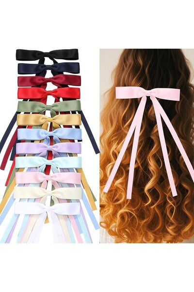 ALMEKAQUZ 12 PCS Long Tail Ribbons Hair Clips for Women Young Girls Elegance ...