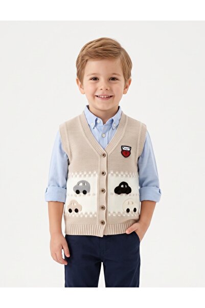MiniKids Vesta cu masinute acrilic, crem