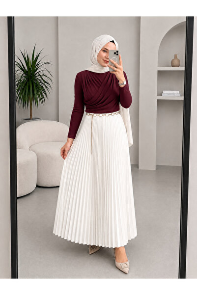modapark.ist Double-Breasted Collared Blouse and Pleated Skirt Set