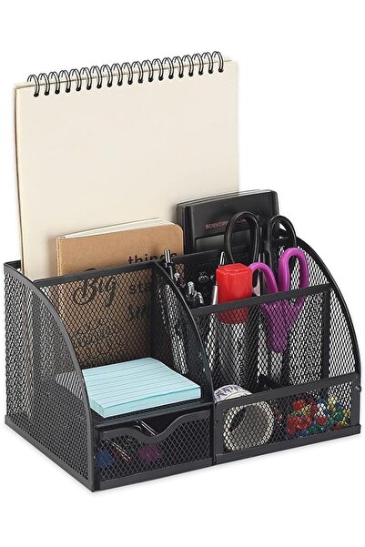 Eidoct Mesh Desk Organiser & Pen Holder with 6 Compartments + Slide Drawer - ...