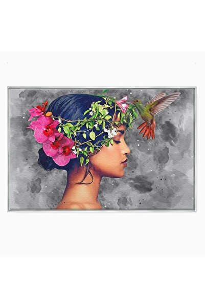 Luxcanva Tablou Canvas Fata si Pasarea Colibri 70x50 cm cu Rama Argintiu Fata...