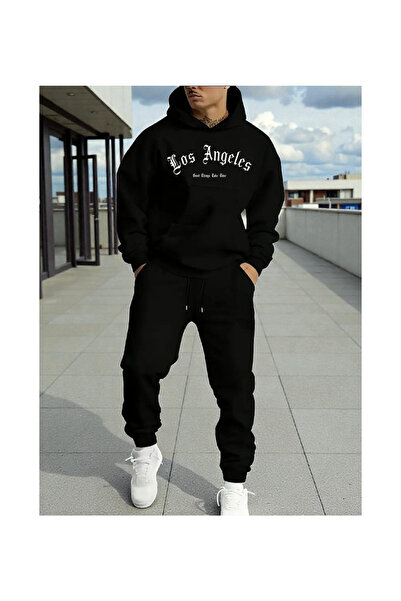 mercoledi Printed Unisex Top and Bottom Black Tracksuit Set Oversize Hooded