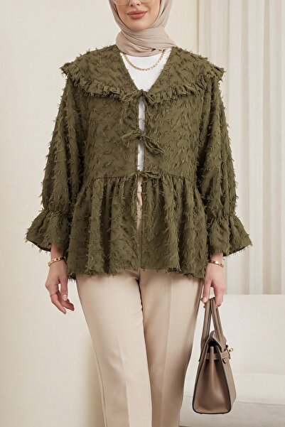Modamorfo Lace-up front, feather textured clip jacquard kimono - khaki