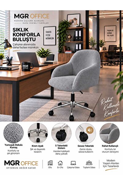 Mgr Office VEYRA Teddy Kumaş Çalışma Sandalyesi – 5 Tekerlekli Krom Ayaklı Ko...