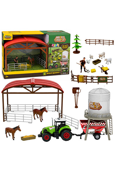 LEAN Set fermă cu Tractor, Grajd, Siloz, Figurine, Animale, Unelte, 49 piese.