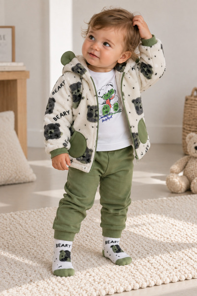 NOTA KİDS 3 Parça Takım Ayıcık Desenli Peluş Mont Sweatshirt ve Eşofman Altı ...