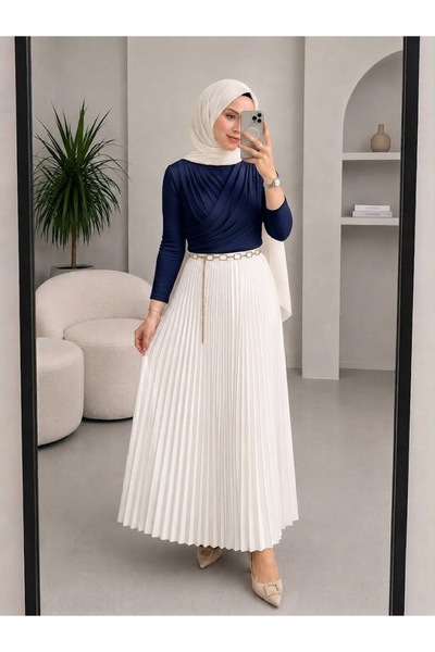modapark.ist Double-Breasted Collared Blouse and Pleated Skirt Set