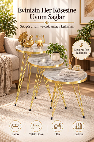DeepCraft Best Quality 3’lü Zigon Sehpa Seti Gold Metal Ayaklı Mermer Desen T...