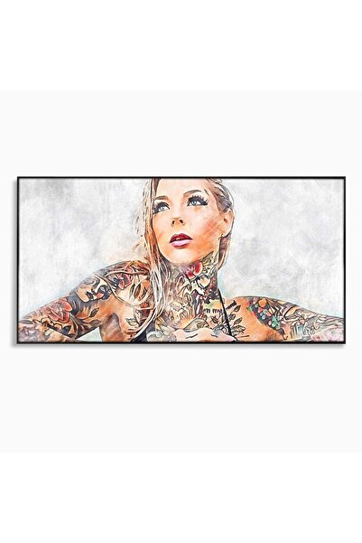 Luxcanva Tablou Canvas Femeia cu Tatuaj 100x50 cm cu Rama Negru Femeia cu Tat...
