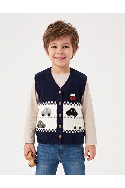 MiniKids Vesta cu masinute acrilic, bleumarin