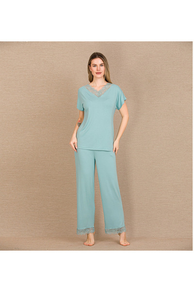 GeeS Global Viscose Stylish Design Embroidered Lace Mint Short Sleeve Pajama ...