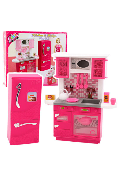 LEAN Set de bucătărie pentru păpuși, frigider, cuptor, accesorii, roz