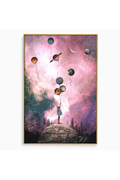 Luxcanva Tablou Canvas Fetita si Planetele 50x70 cm cu Rama Auriu Fetita si P...