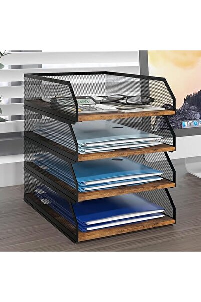 PUNCIA 4-Tier Stackable Paper Tray, Metal Mesh Desktop Organizer, Wood Board ...